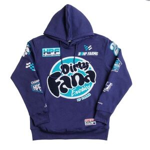 Graphic Dirty Fana Strains Navy Blue Race Hoodie with Colorful Logos